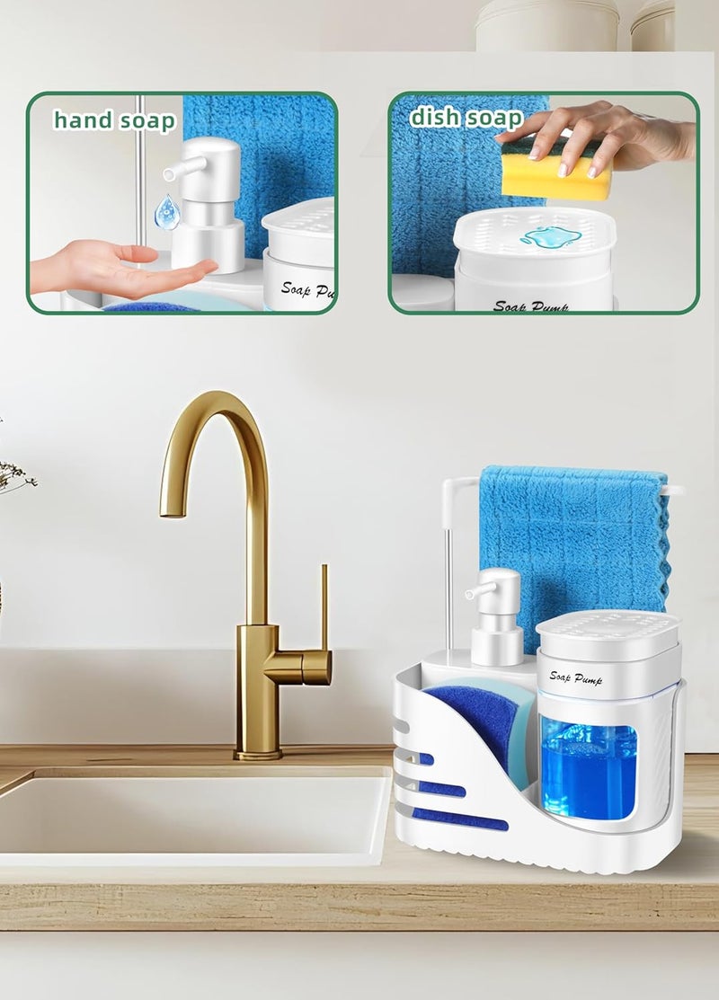 Eavida Kitchen Soap Dispenser Set, 4-in-1 Dual Hand and Dish Soap Dispenser with Sponge Holder and Dishcloth Holder for Kitchen Sink (White) - Image 2